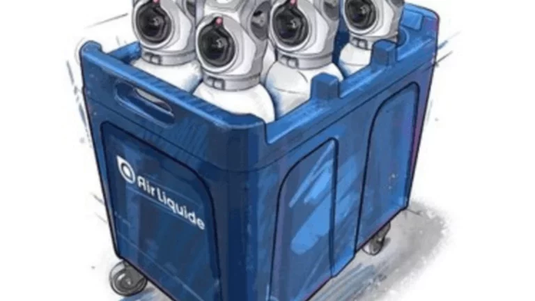 Carbagas Healthcare medizinische Sauerstoffflaschen Oyan in blauer Transportbox.